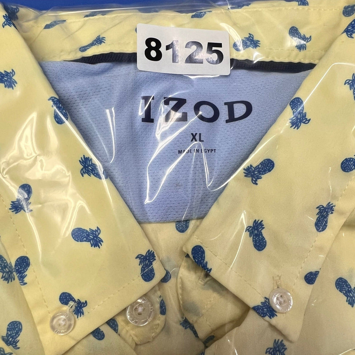 IZOD Mens Short Sleeve Button Up Shirt Pineapple Print AOP Butter Yellow Blue XL