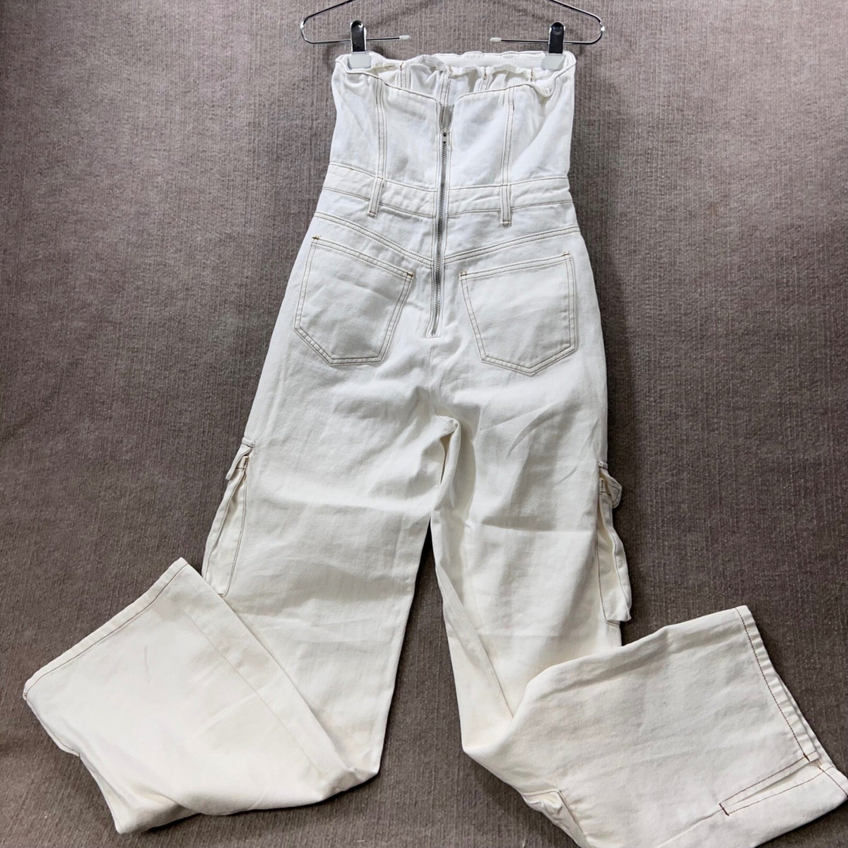 PrettyLittleThing Strapless Cargo Denim Jumpsuit Women Size 4 White Utility Y2K