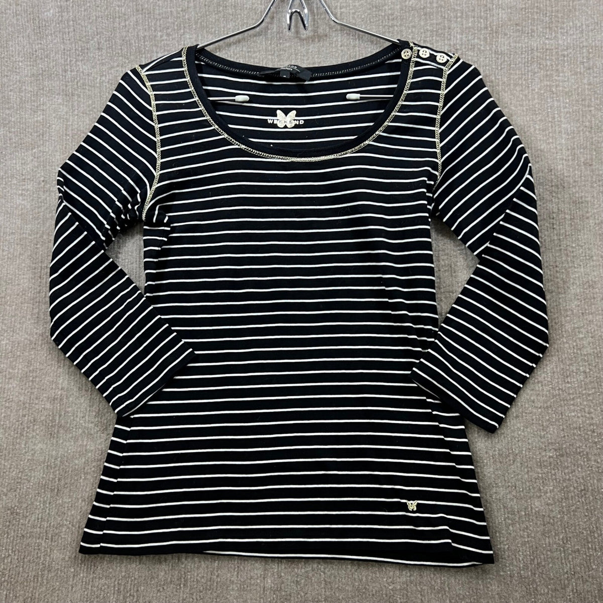 WEEKEND MaxMara Navy White Striped Long Sleeve T Shirt Butterfly Detail Size M