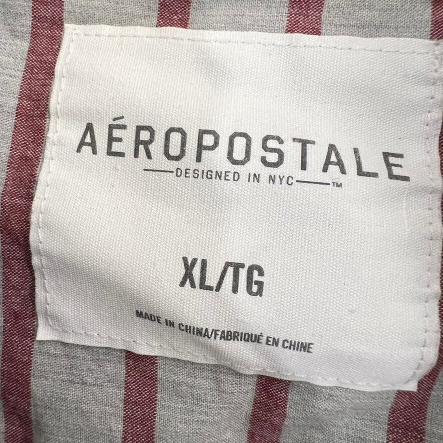 Aeropostale Men XL Button Down Shirt Striped Gray Red Long Sleeve Casual Preppy
