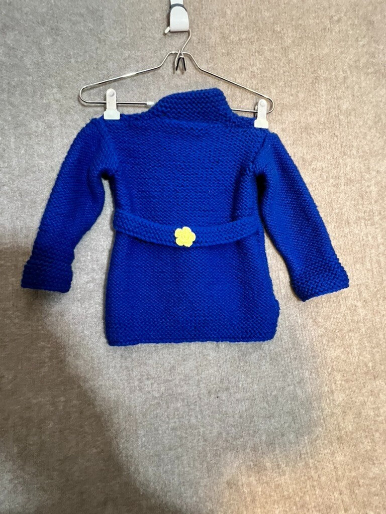 Hand Made Knit Jacket Kids Blue, 18mo Yellow Flower Buttons Bespoke Tagless