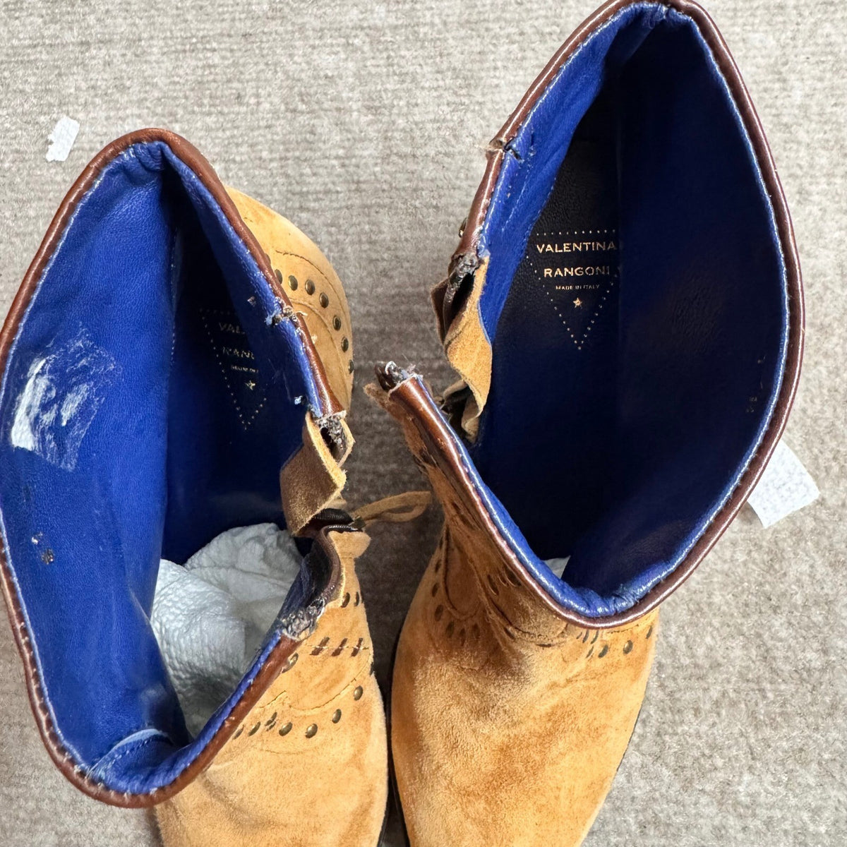 Valentina Rangoni Ankle Boots Womens 7M Suede Studded Western Italian Tan Blue