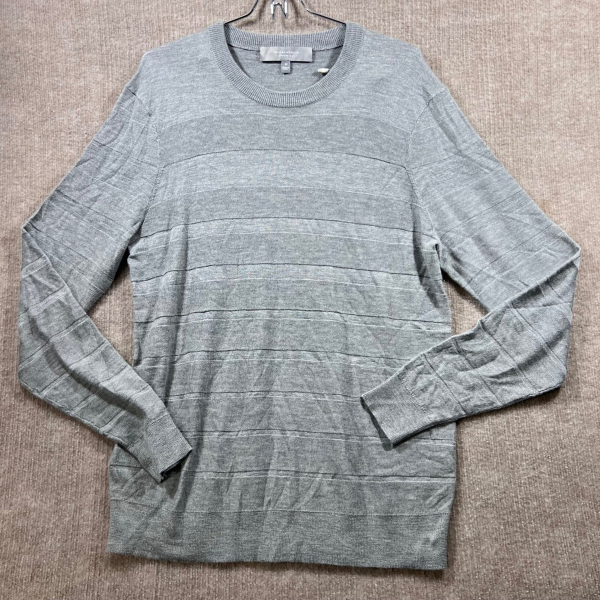 Neiman Marcus Mens Cashmere Silk Gray Stripe Crewneck Sweater Size M