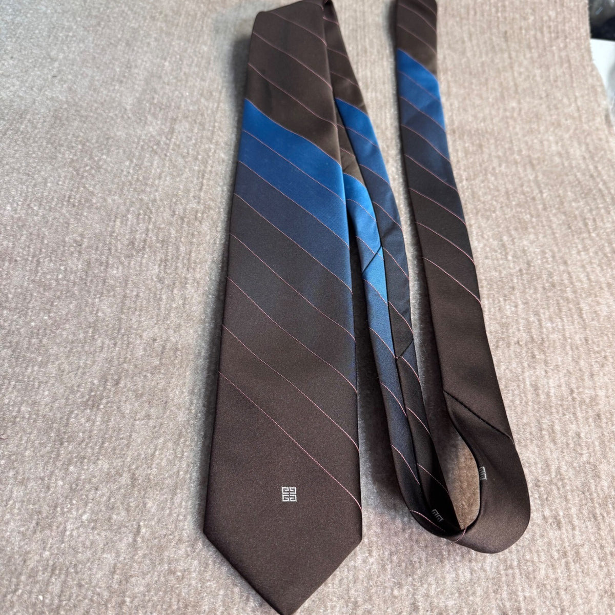 Vintage 90s Givenchy Monsieur Tie Brown Blue Stripe Silk Blend Designer Necktie