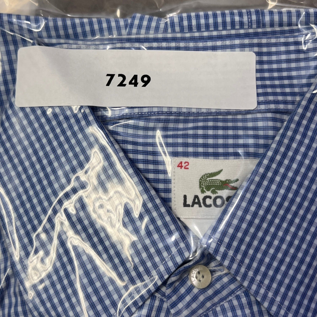 Lacoste Mens Large 42 Large Blue Gingham Check Button Up Long Sleeve ClassicFit