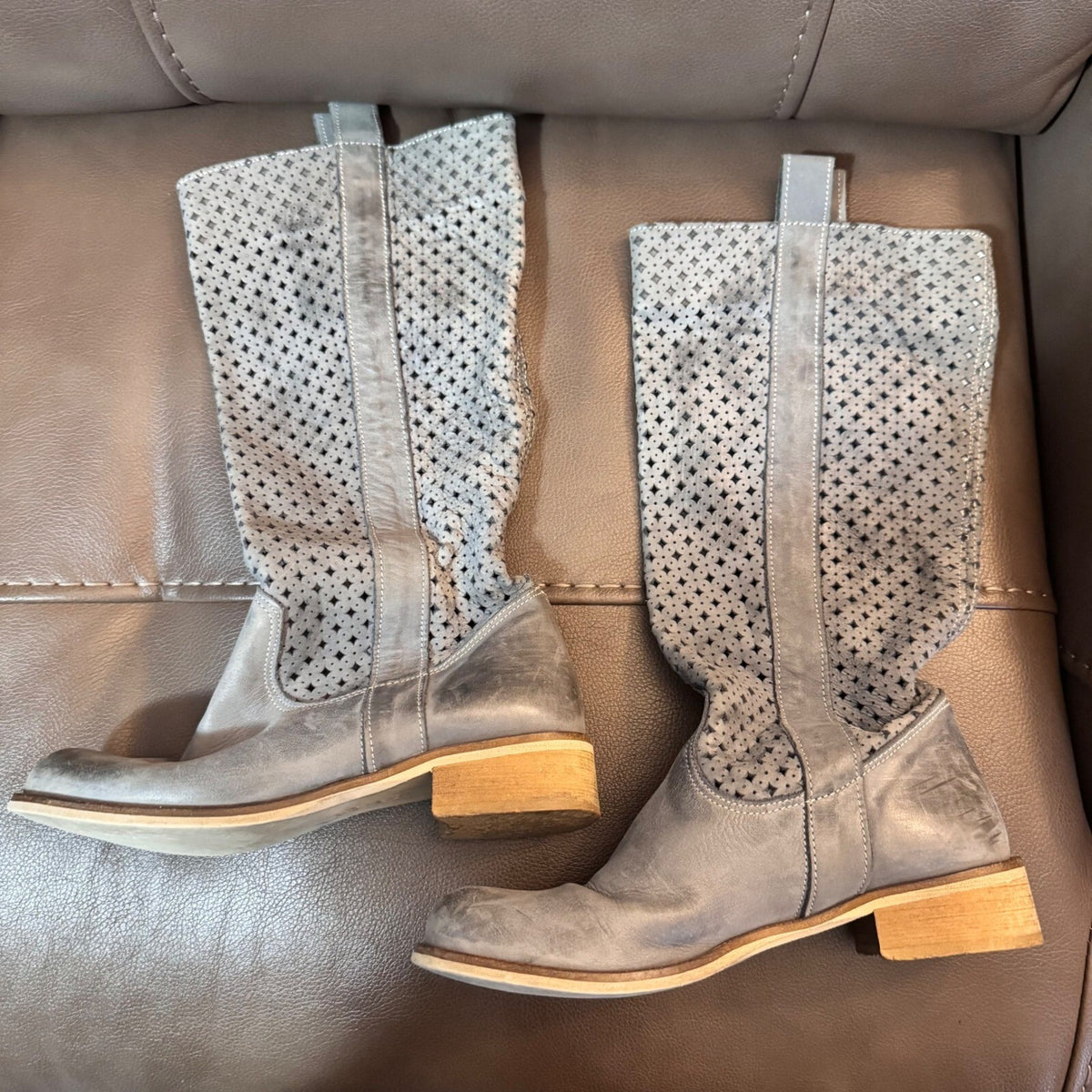 Deky Perforated Leather Tall Boots Women Size 37 Gray Distressed Boho Laser Cut