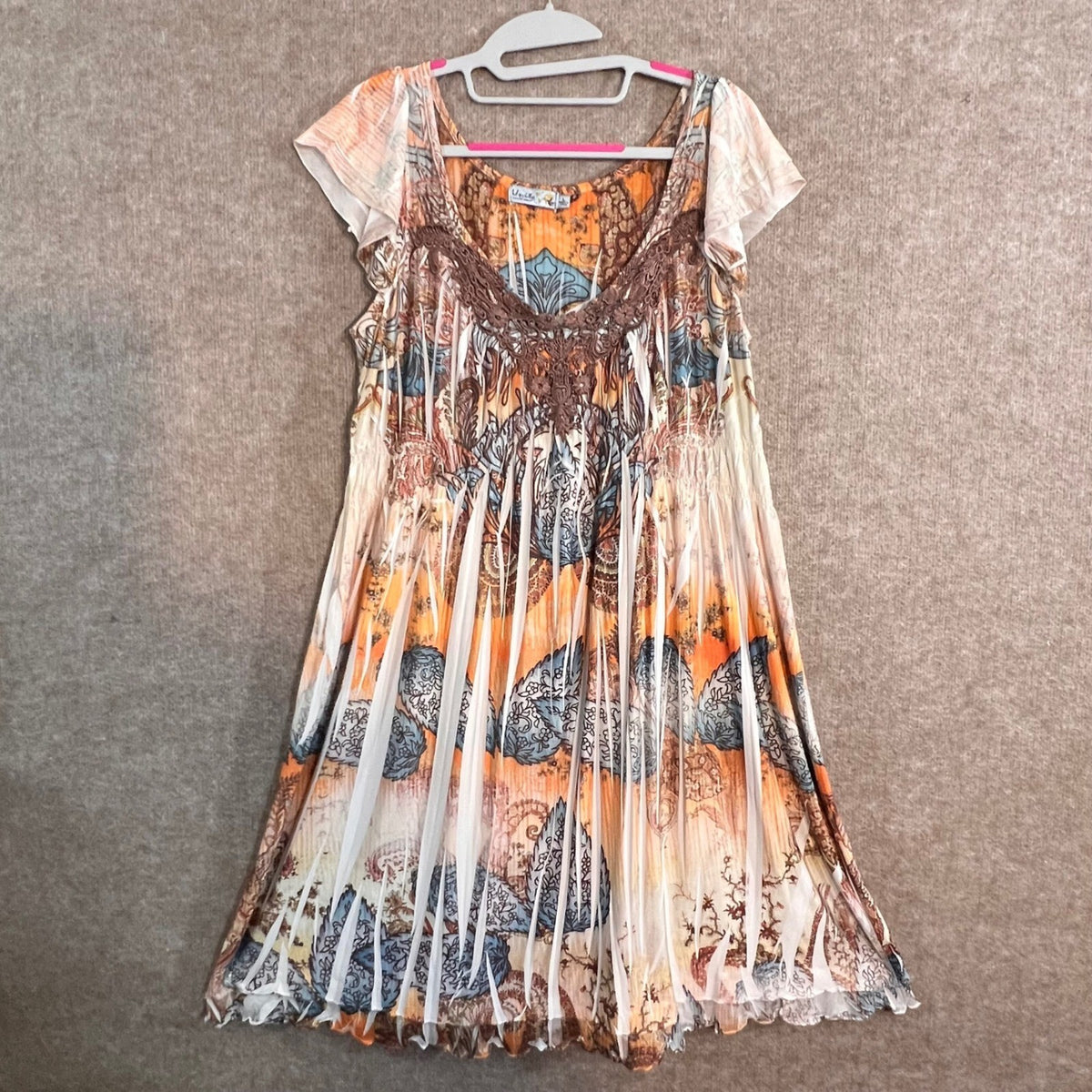 Unity World Wear Dress Womens Large Orange Paisley Crochet Neckline Boho Chic