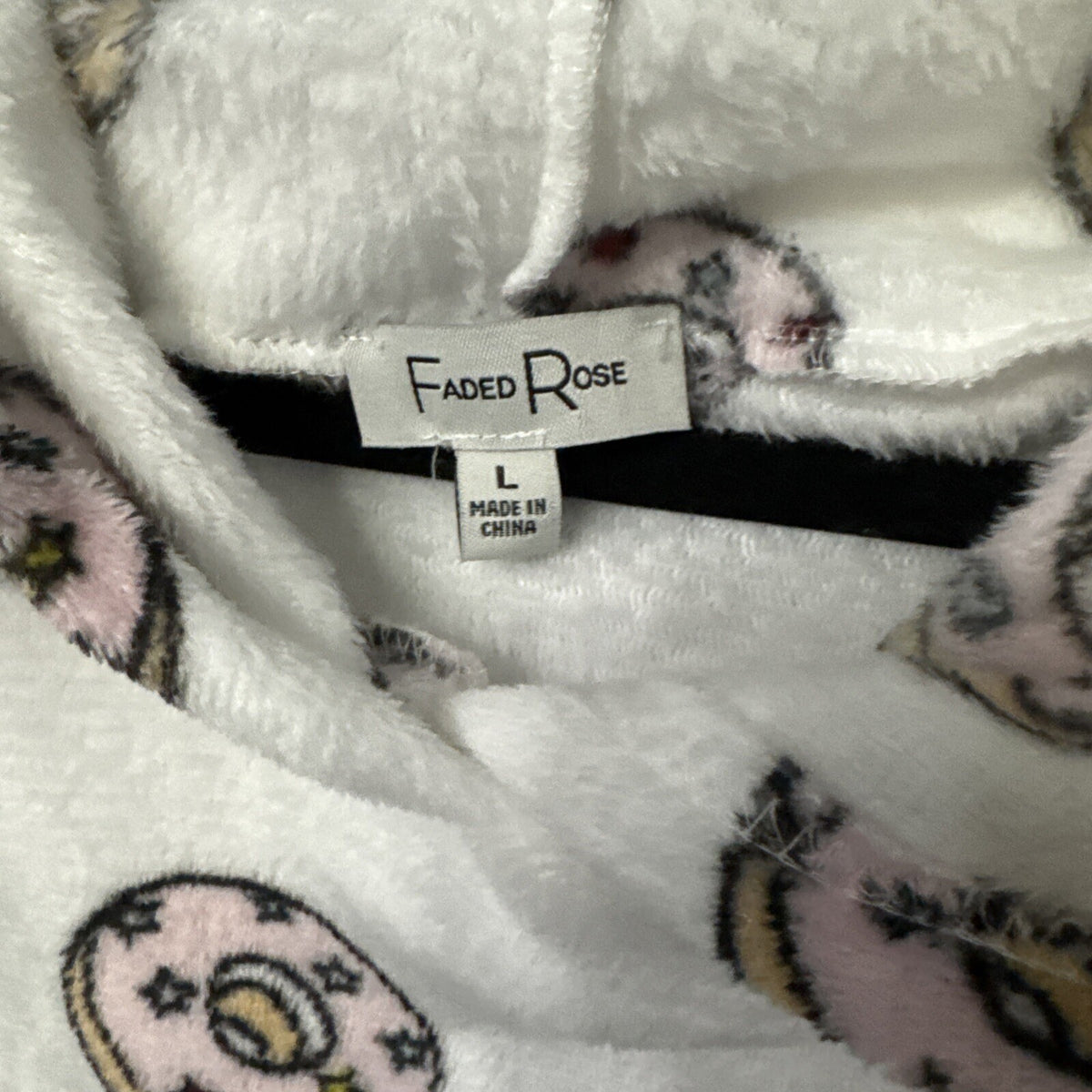 Faded Rose Donut Fleece Hoodie Women Large White Soft Plush Loungewear Cozy