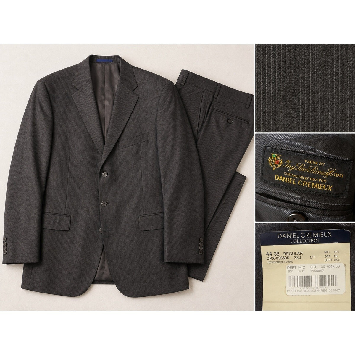 Daniel Cremieux Loro Piana Wool Suit 44R 36x29 (+2) Chocolate Brown Pinstripe