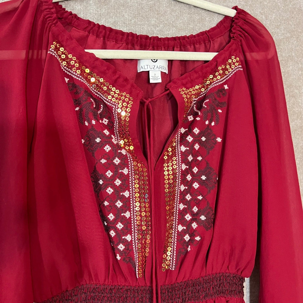 Altuzarra for Target Dress Women 2 Red Embroidered Sequin Long Sleeve Boho Chic