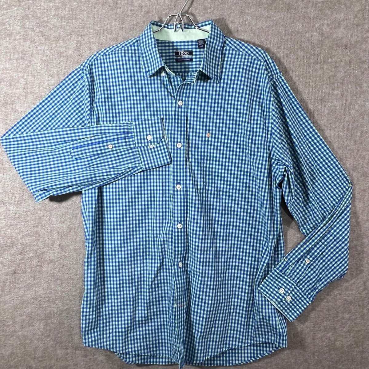 IZOD Button Down Shirt Mens L Gingham Plaid Blue Green Preppy Premium Essentials