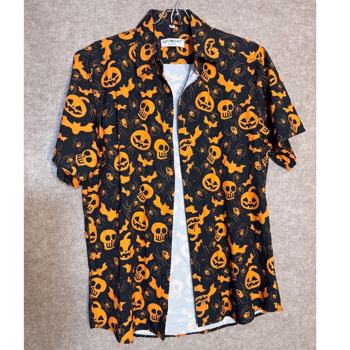 ENVMENST Halloween Button Down Shirt Mens Small Pumpkin Skull Bat Spider Spooky