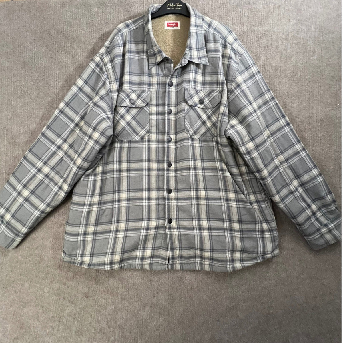 Wrangler Mens 2XL Gray Plaid Sherpa Lined Flannel Shirt Jacket Overshirt