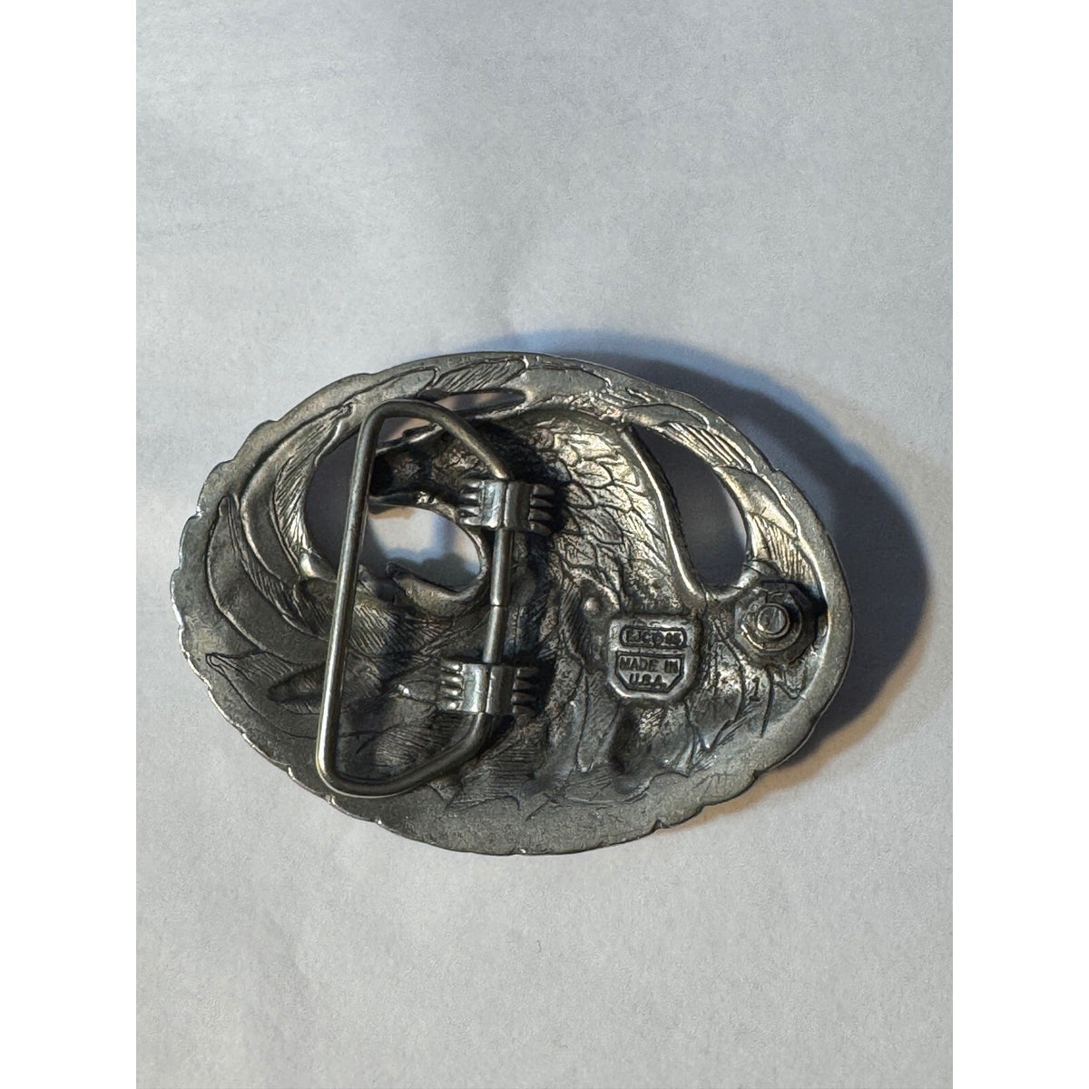 Vintage 1995 EJC Pewter Bald Eagle Belt Buckle Diamond Cut Black Enamel USA.