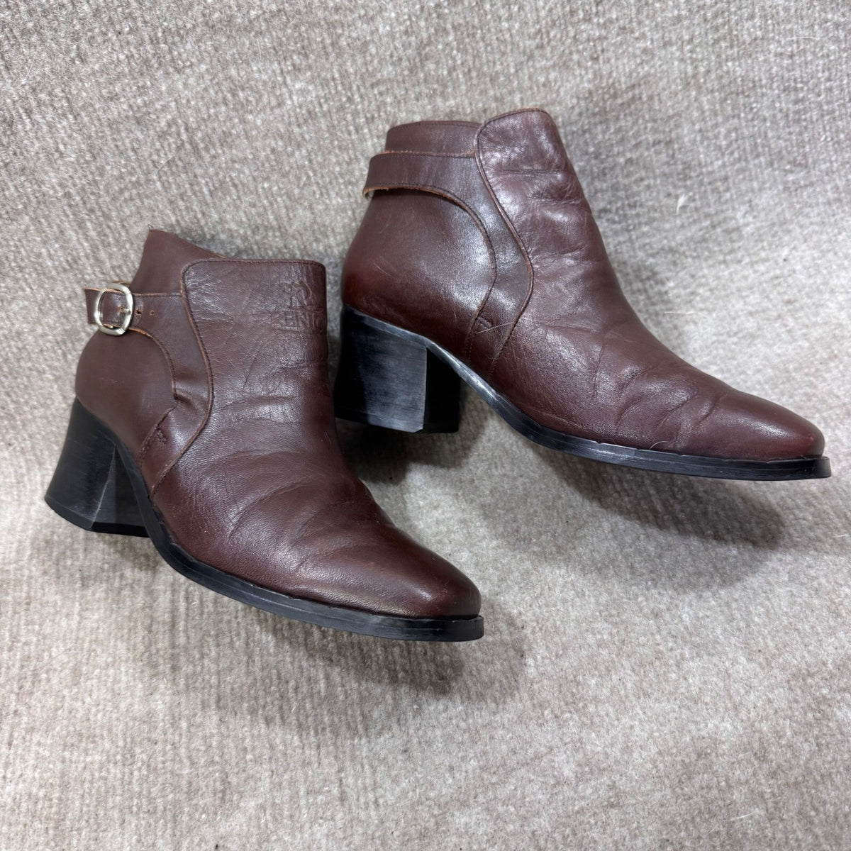 RENIOR Brown Leather Square Toe Ankle Boots Buckle Block Heel Size 37 us 6.5