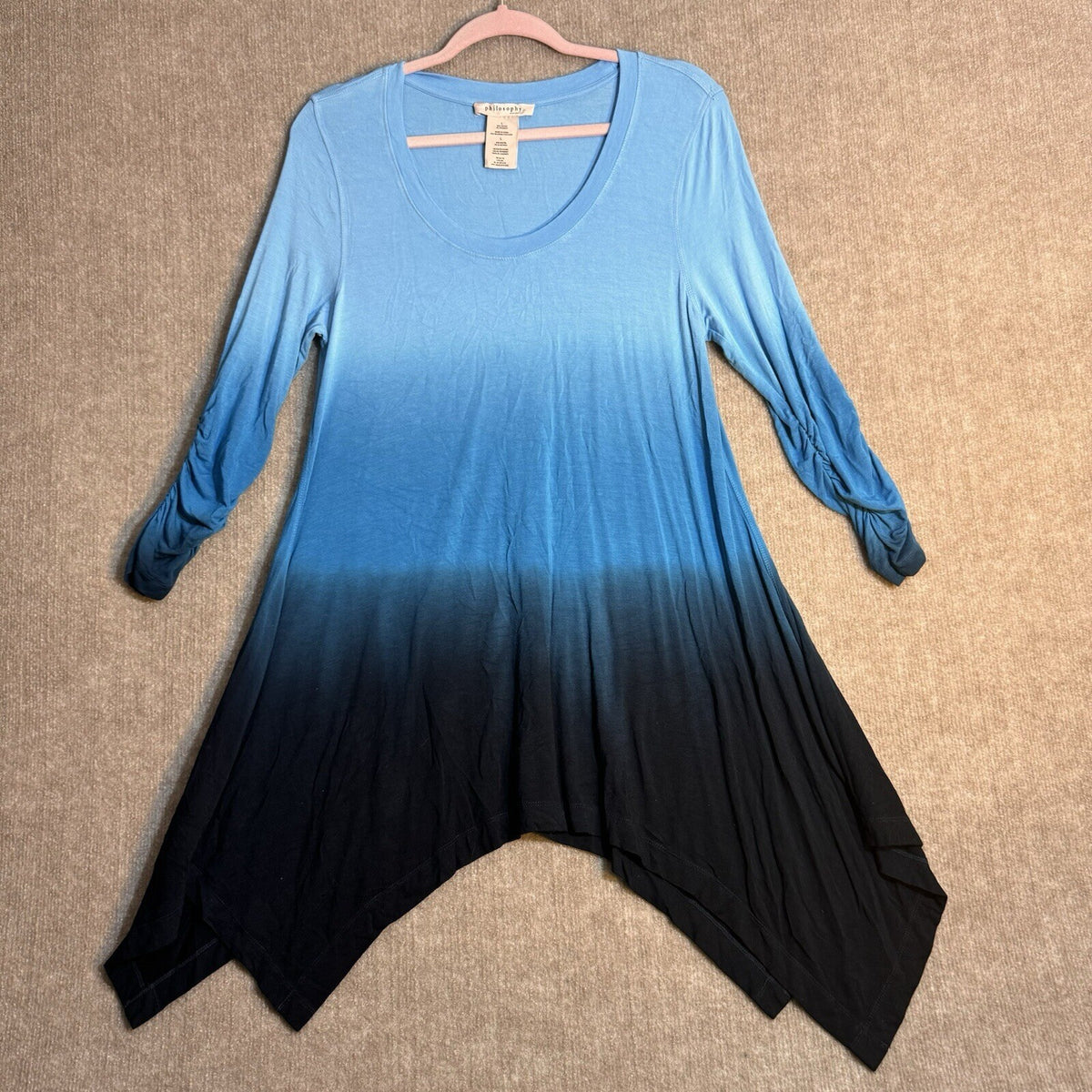 Philosophy Tunic Top 3/4 Sleeve Handkerchief Hem Sz L Blue Fade Ombre Lagenlook