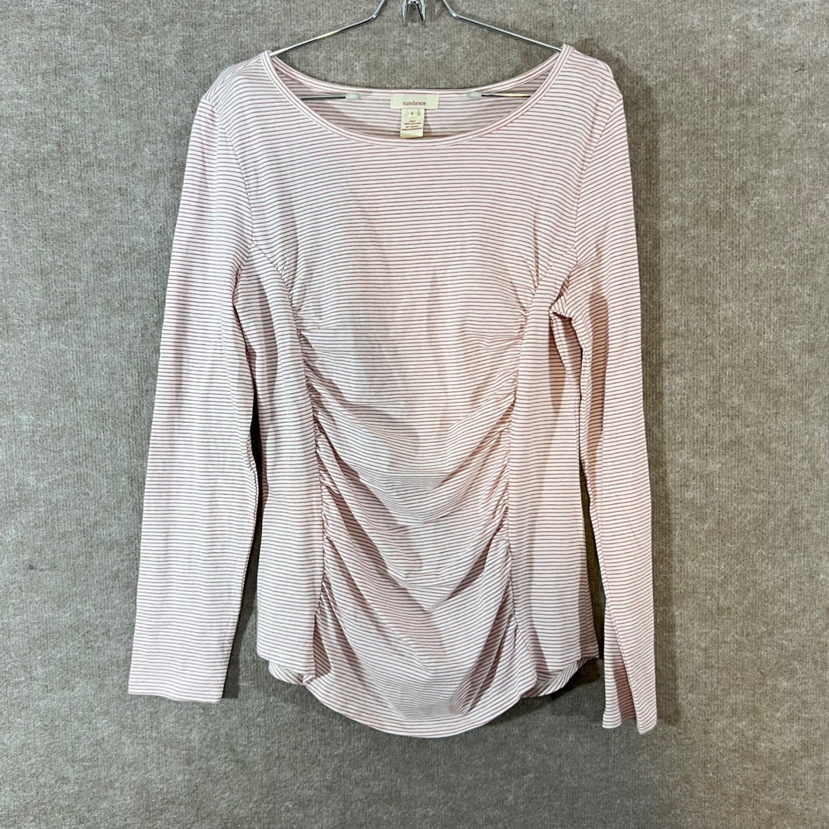 Sundance Ruched Stripe Top Womens L Pink White Cotton Long Sleeve
