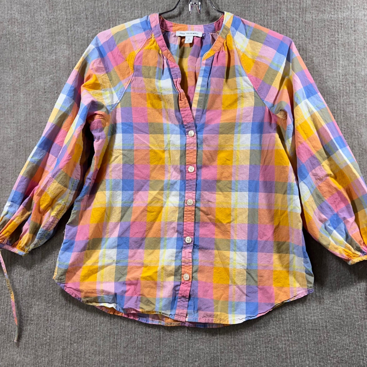 FREE ASSEMBLY Plaid Button Down Shirt Long Sleeve V Neck Women's Size S