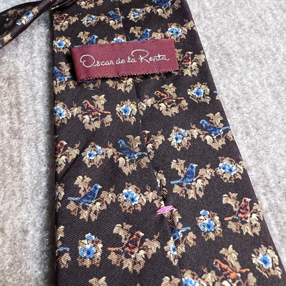 Oscar de la Renta Signature Silk Tie Brown Blue Bird Floral Botanical Necktie