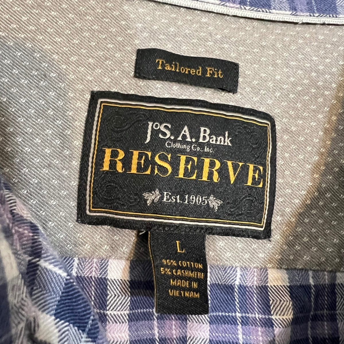 Jos A Bank Reserve Button Down Shirt Mens L Blue Plaid Cashmere Blend Tailored