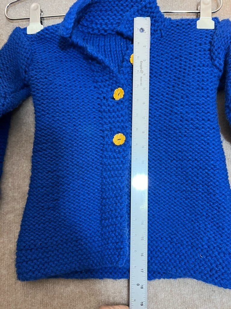 Hand Made Knit Jacket Kids Blue, 18mo Yellow Flower Buttons Bespoke Tagless