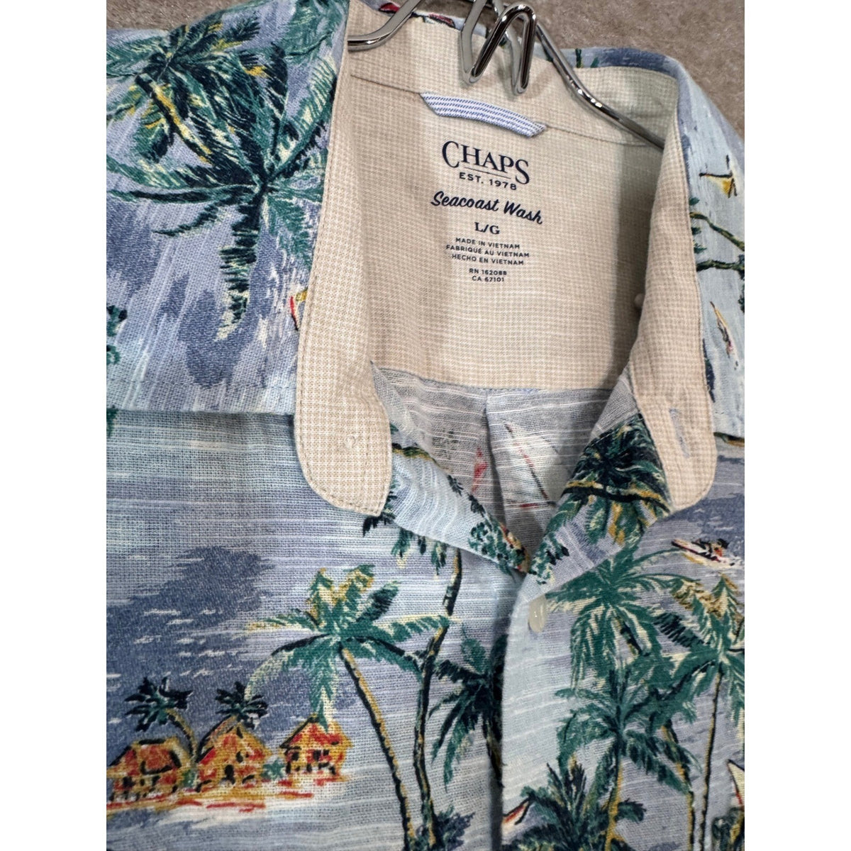 Chaps Seacoast Wash Shirt Mens Large Blue Tropical Palm Tree Linen Blend Beach