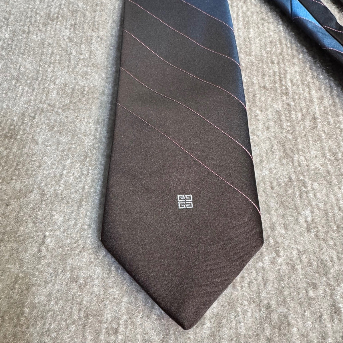 Vintage 90s Givenchy Monsieur Tie Brown Blue Stripe Silk Blend Designer Necktie