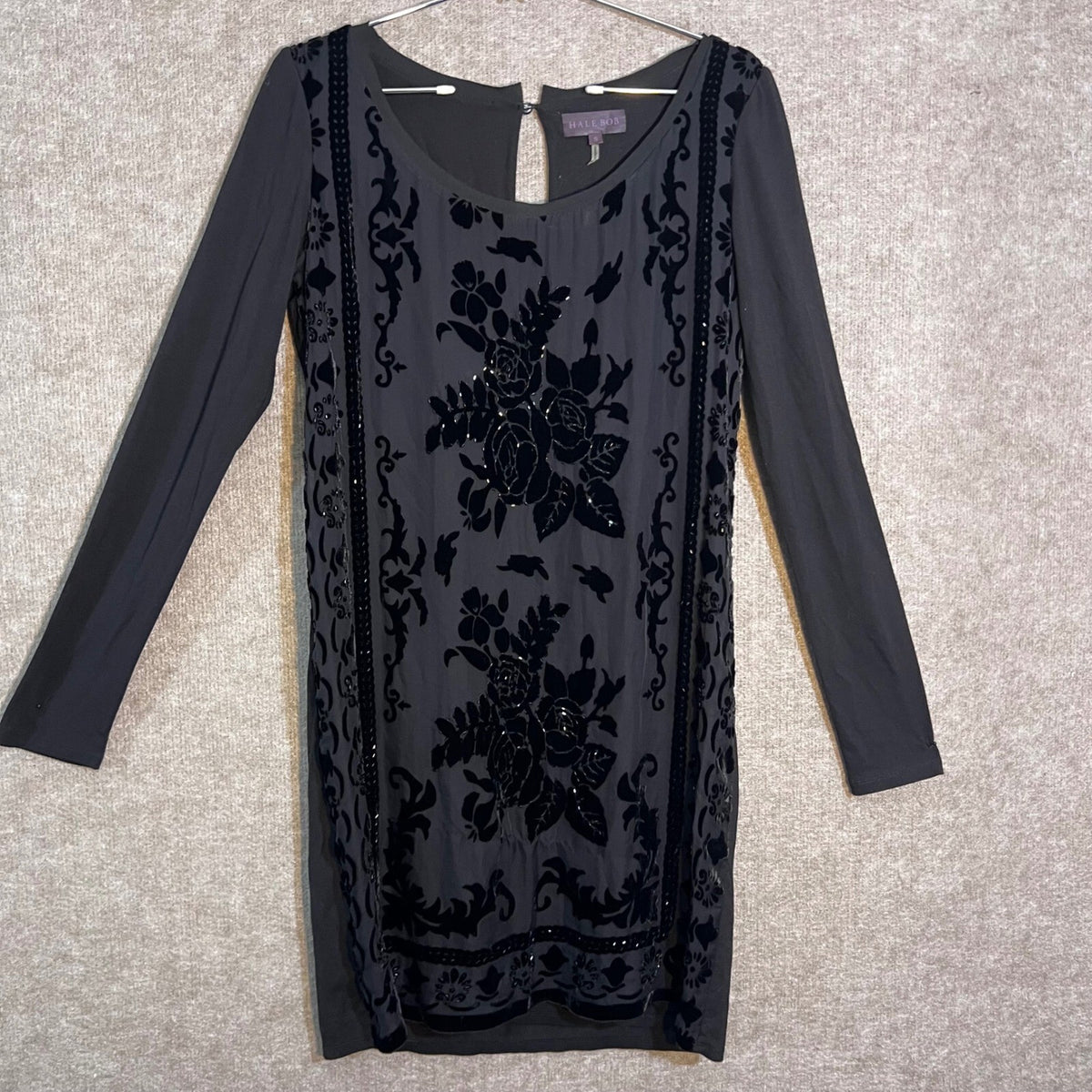 Hale Bob Dress Small Black Silk Blend Burnout Velvet Floral Beaded Shift Goth