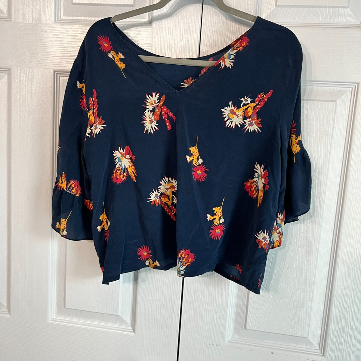 Madewell Women’s Crop Top Medium Dark Floral V-Back Ruffle Short Sleeve Fairy