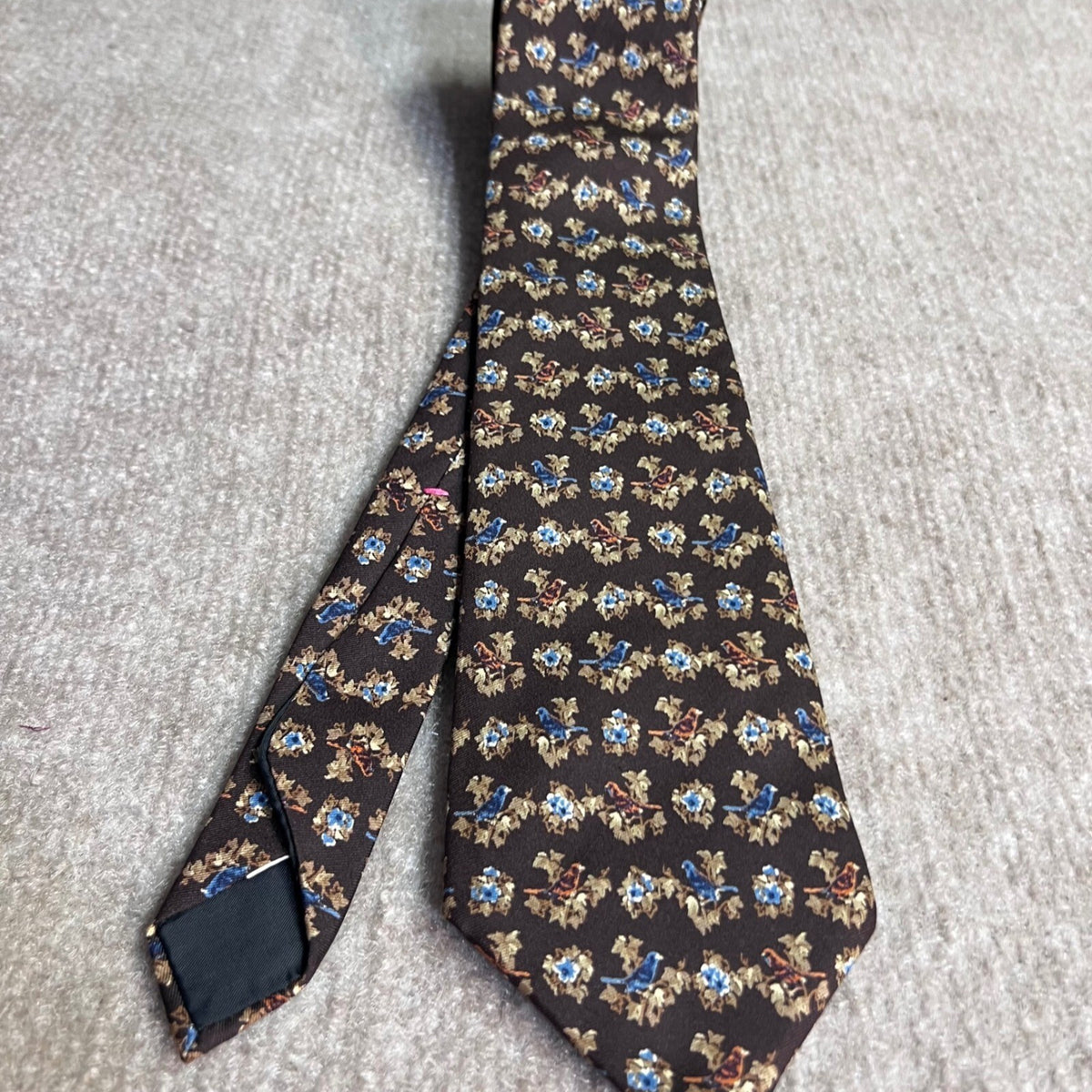 Oscar de la Renta Signature Silk Tie Brown Blue Bird Floral Botanical Necktie