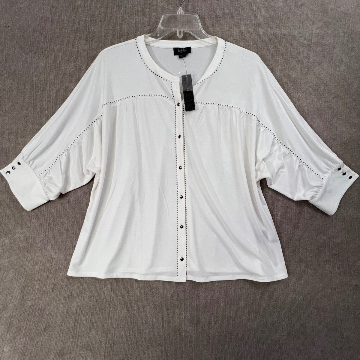 NWT Belldini Los Angeles 2X White Studded Blouse 3/4 Sleeve Button Down Plus