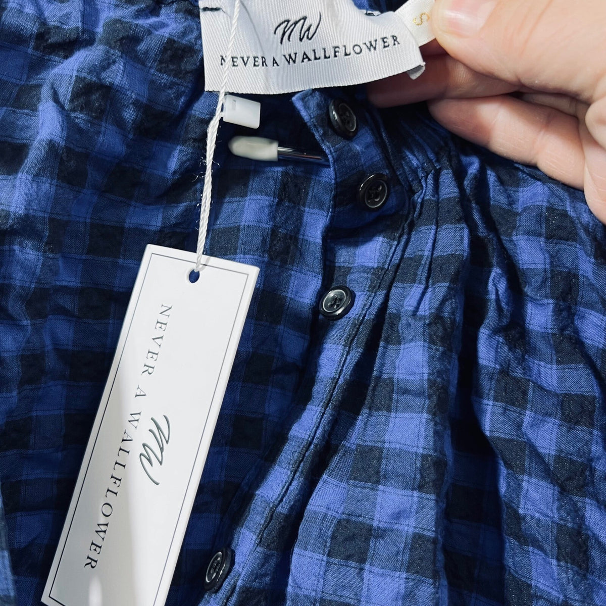 Never A Wallflower Blue Plaid Gingham Full Button Front Dress Small