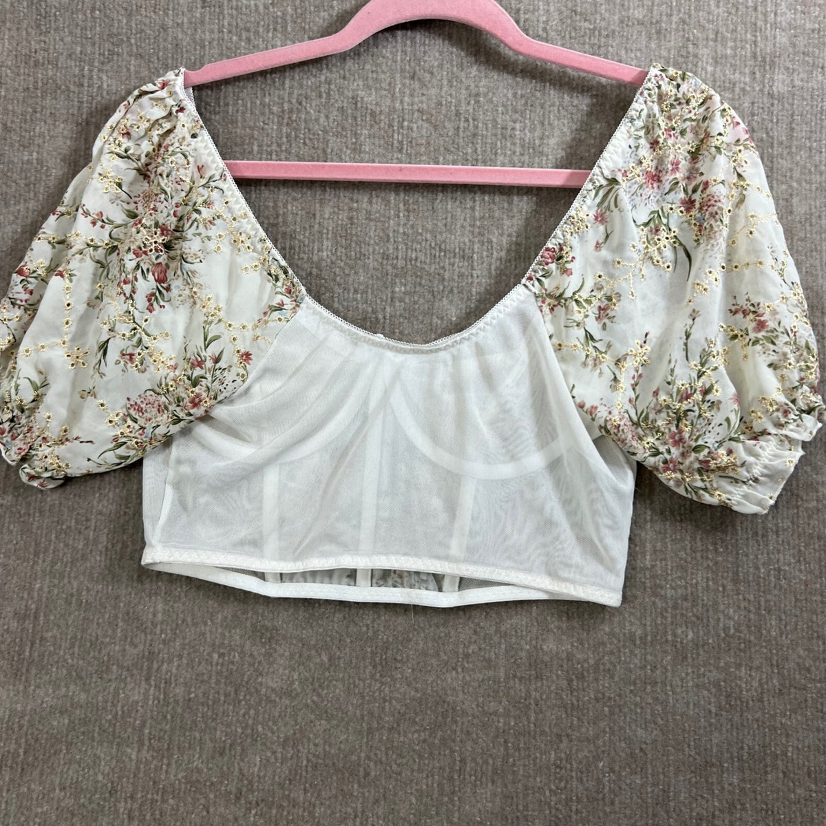 Floral Corset Crop Top Puff Sleeve Blouse White Gold Pink Party Cute
