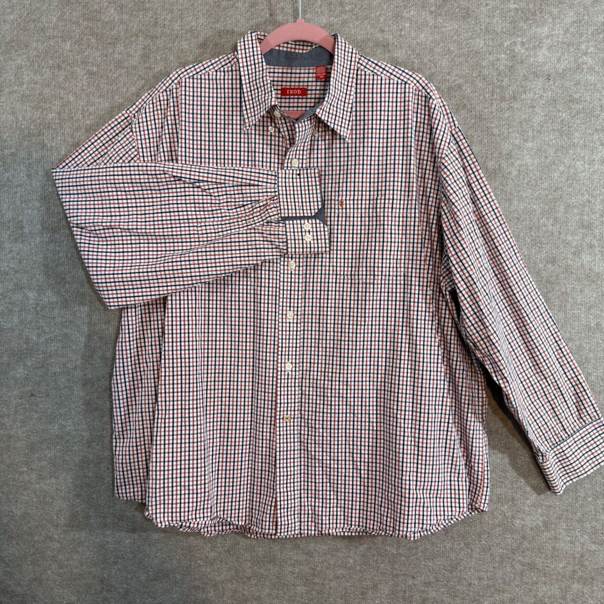 IZOD Button Down Shirt Mens XXL Orange Blue Plaid Long Sleeve Casual Preppy