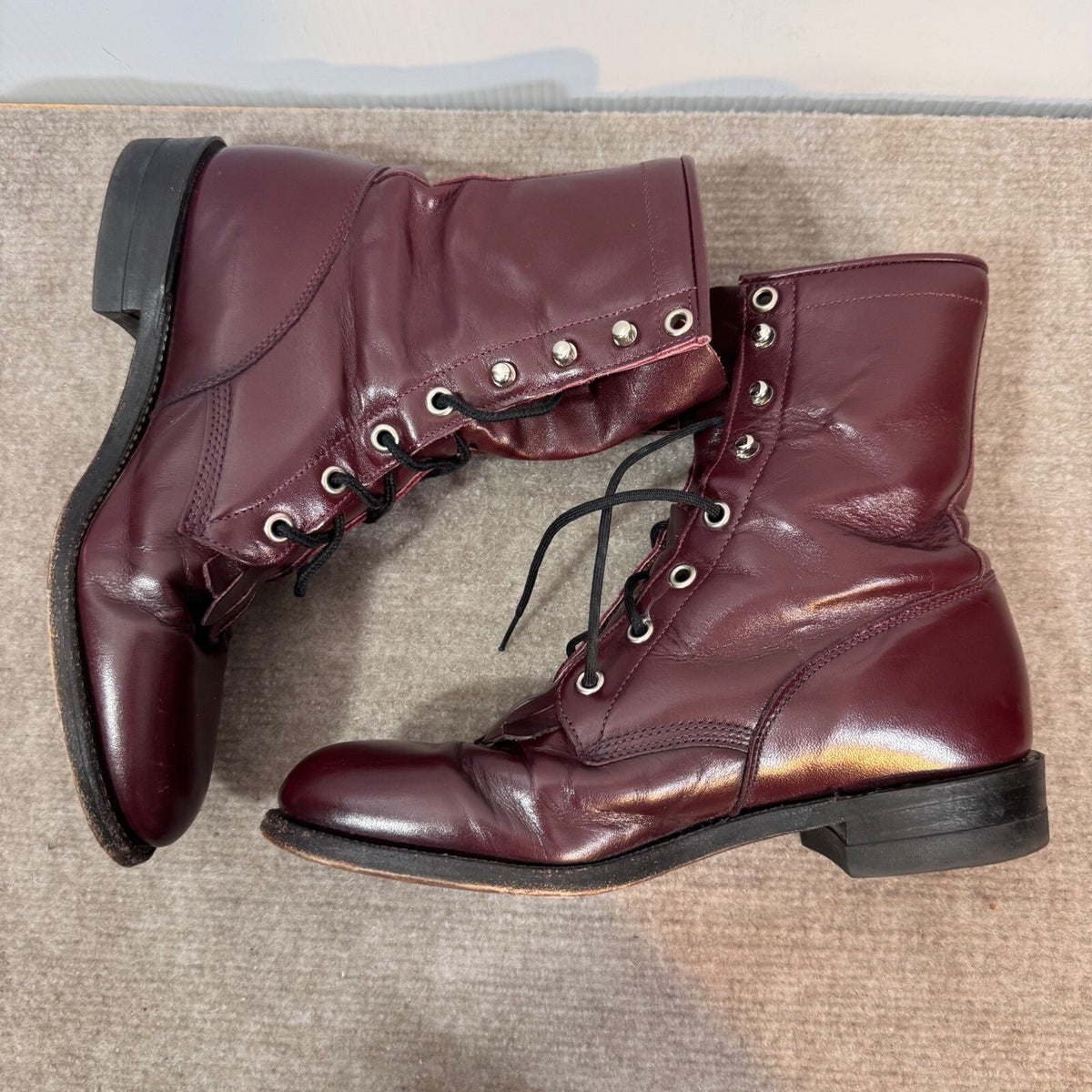 Vintage Justin Lace Up Boots Womens 6B Burgundy Leather Kiltie Western Cowgirl