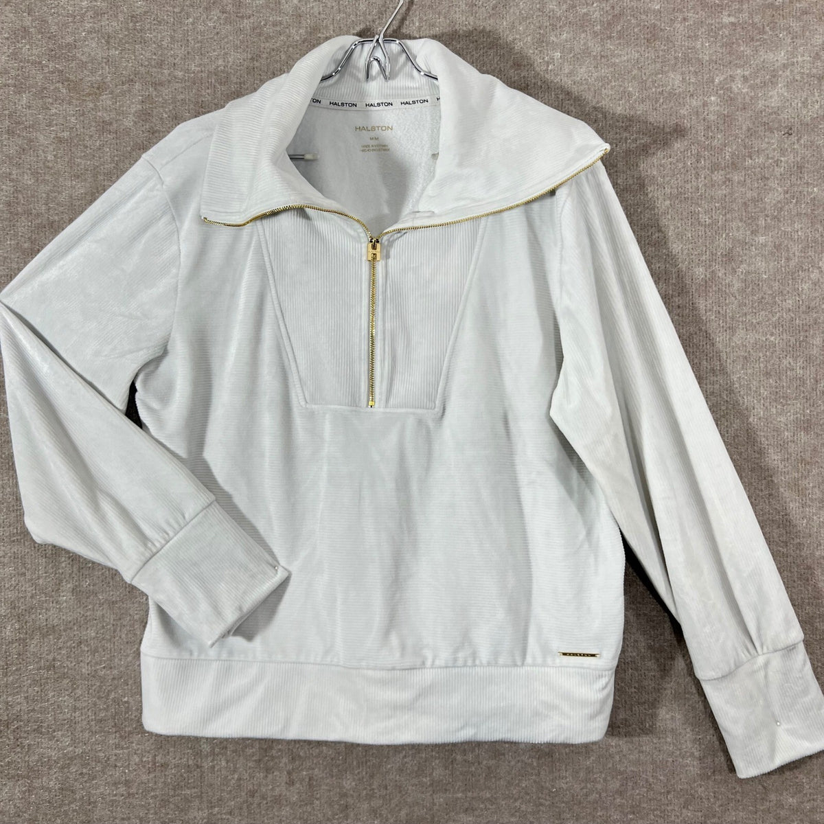 Halston Quarter Zip Pullover Womens Medium White Velour Ribbed Minimalist
