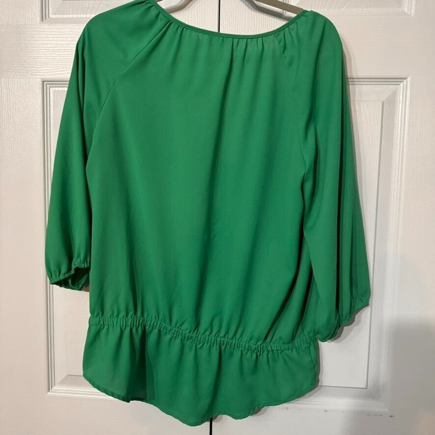 Chicos Sz 1 Kelly Green Blouse V Neck 3/4 Balloon Sleeve Peasant Top Embellished
