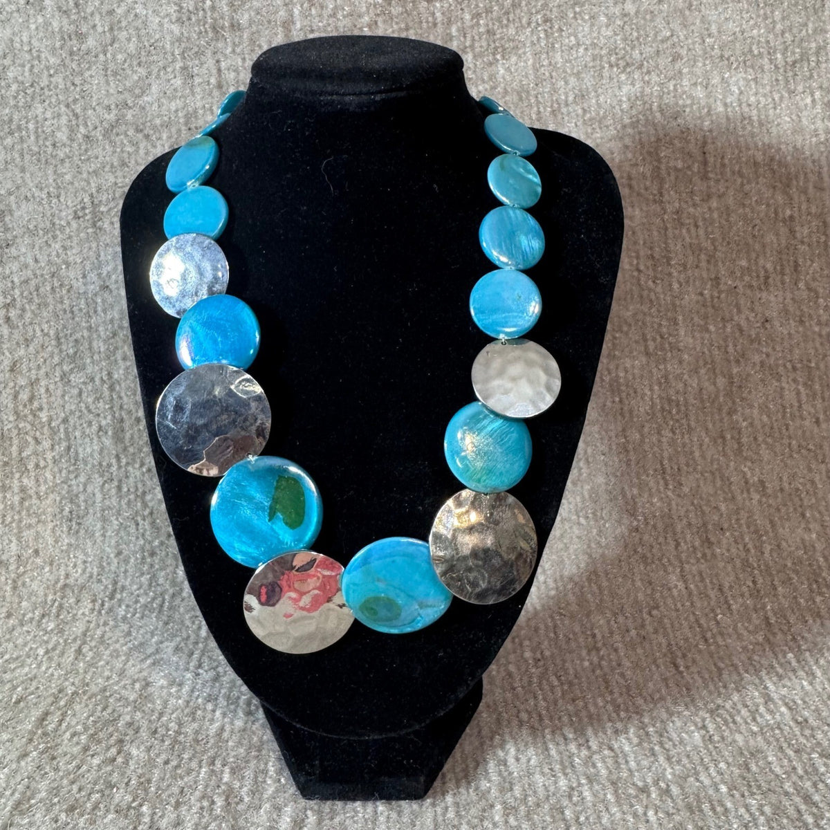 Blue Disc Statement Necklace Hammered Silver Tone Coastal Boho Mermaidcore