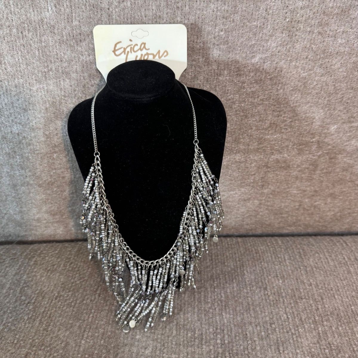 Erica Lyons Necklace Womens Silver Tone Beaded Fringe Statement Boho