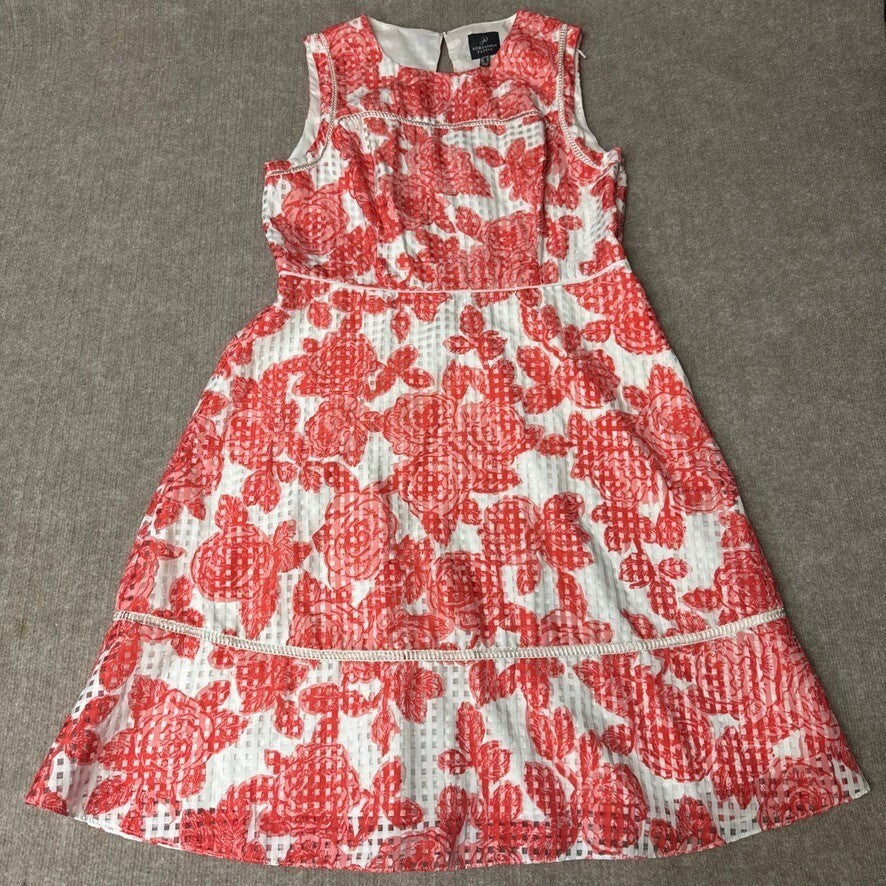 Adrianna Papell White & Orange-Red Floral Dress Sleeveless Fit & Flare Party