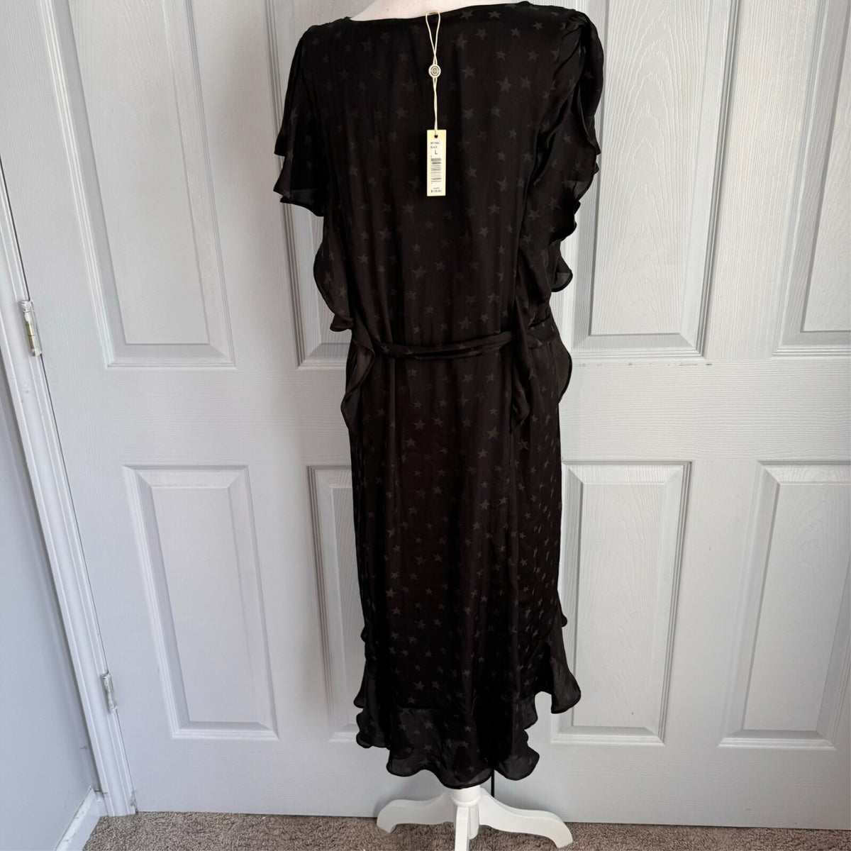 Max Studio Black Star Print Ruffle Flirty Hi-lo hem Dress Sz L Orig $138