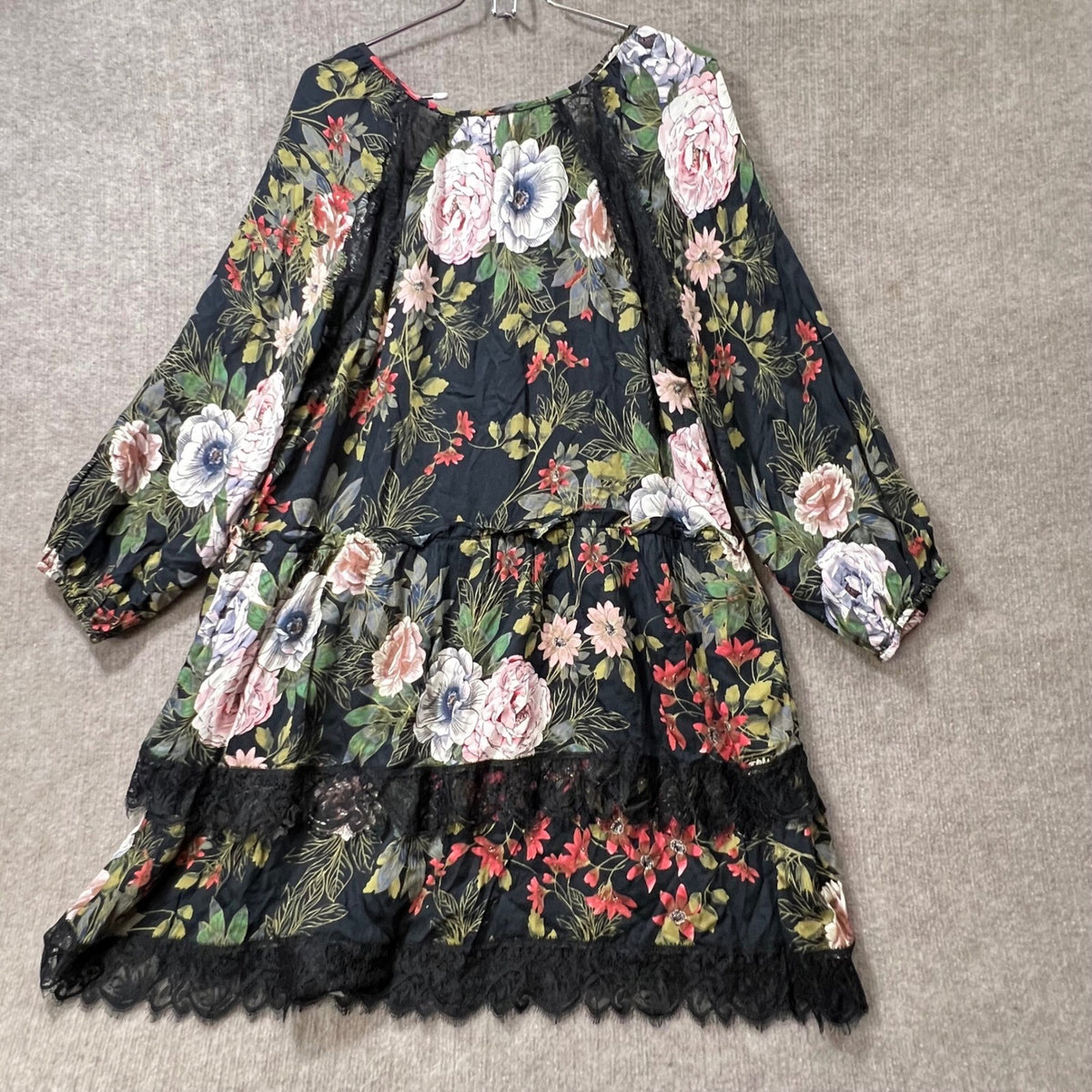 MISS ME Floral Print Lace Trim Tiered Black Long Sleeve Dress Size L