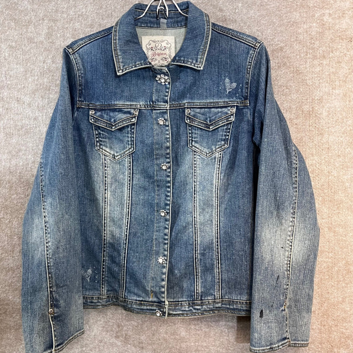 Brighton Denim Trucker Jacket Women Medium Blue Wash Crystal Heart Embroidery