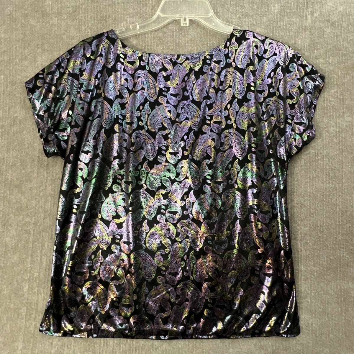 Sparkle Paisley Med Print Short Sleeve Top Metallic Black Purple Green Women