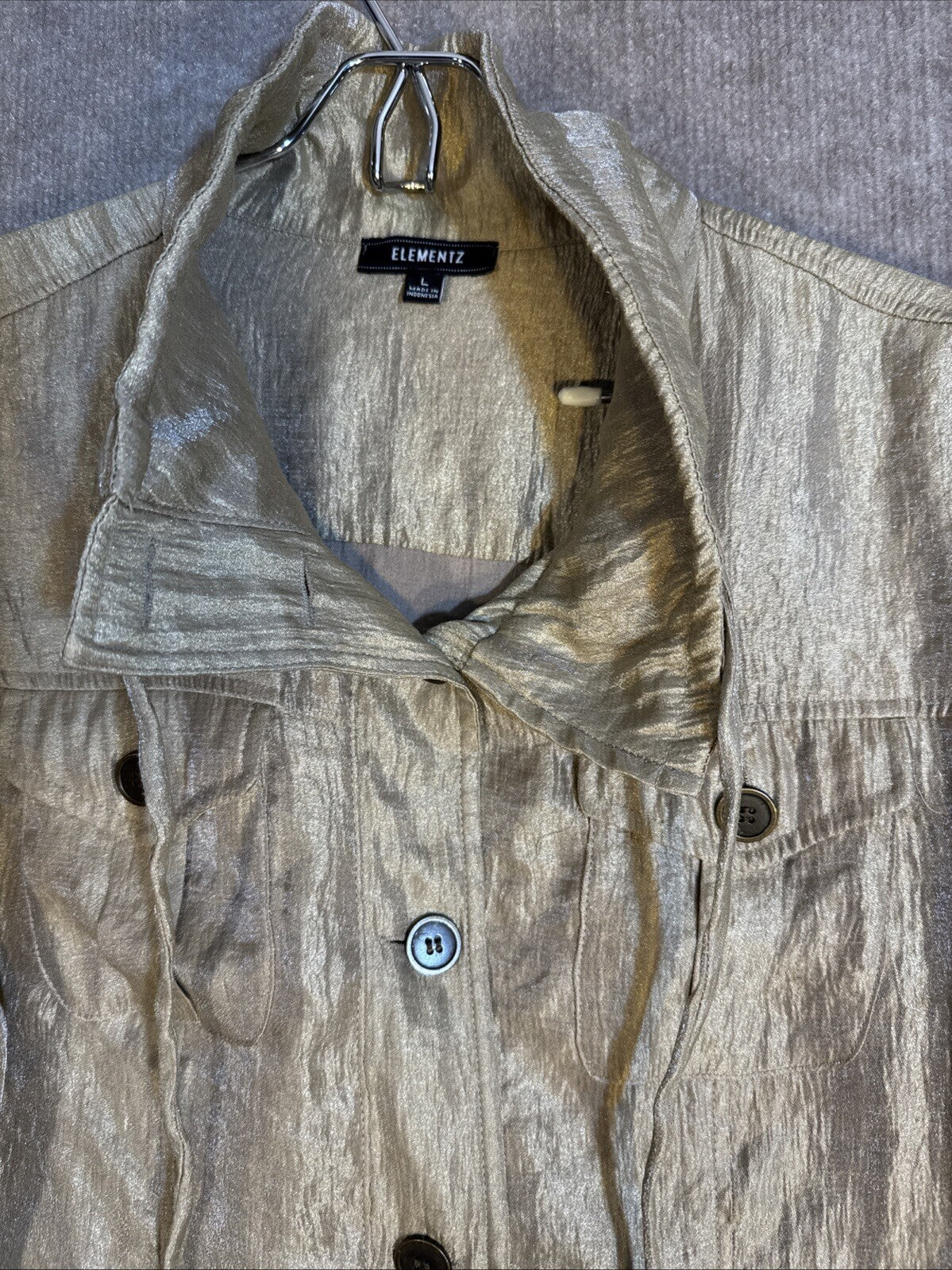 ELEMENTZ Gold Blouse Bomber Shimmery/Roll Sleeves/Drawstring Collar L Glam
