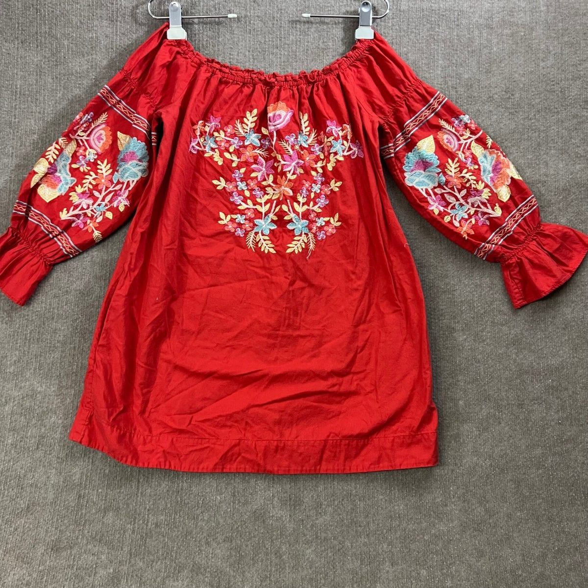 Free People Red Embroidered Off Shoulder Dress Bohemian Boho Milkmaid Size S