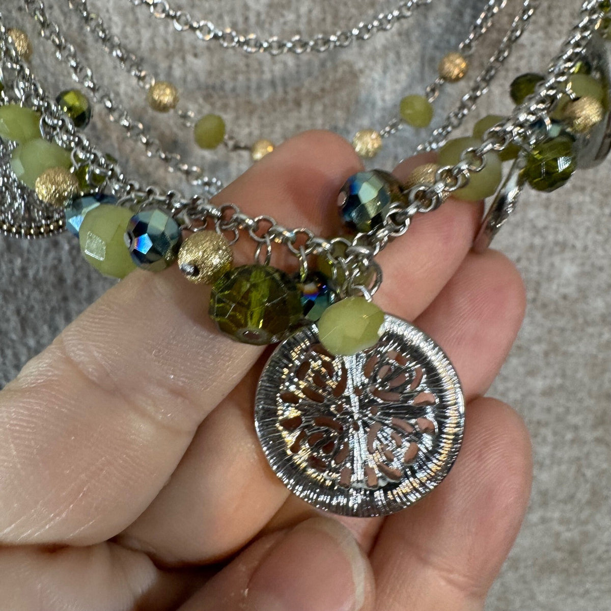 Boho Tree of Life Statement Necklace Green Crystal Beaded Silver Tone
