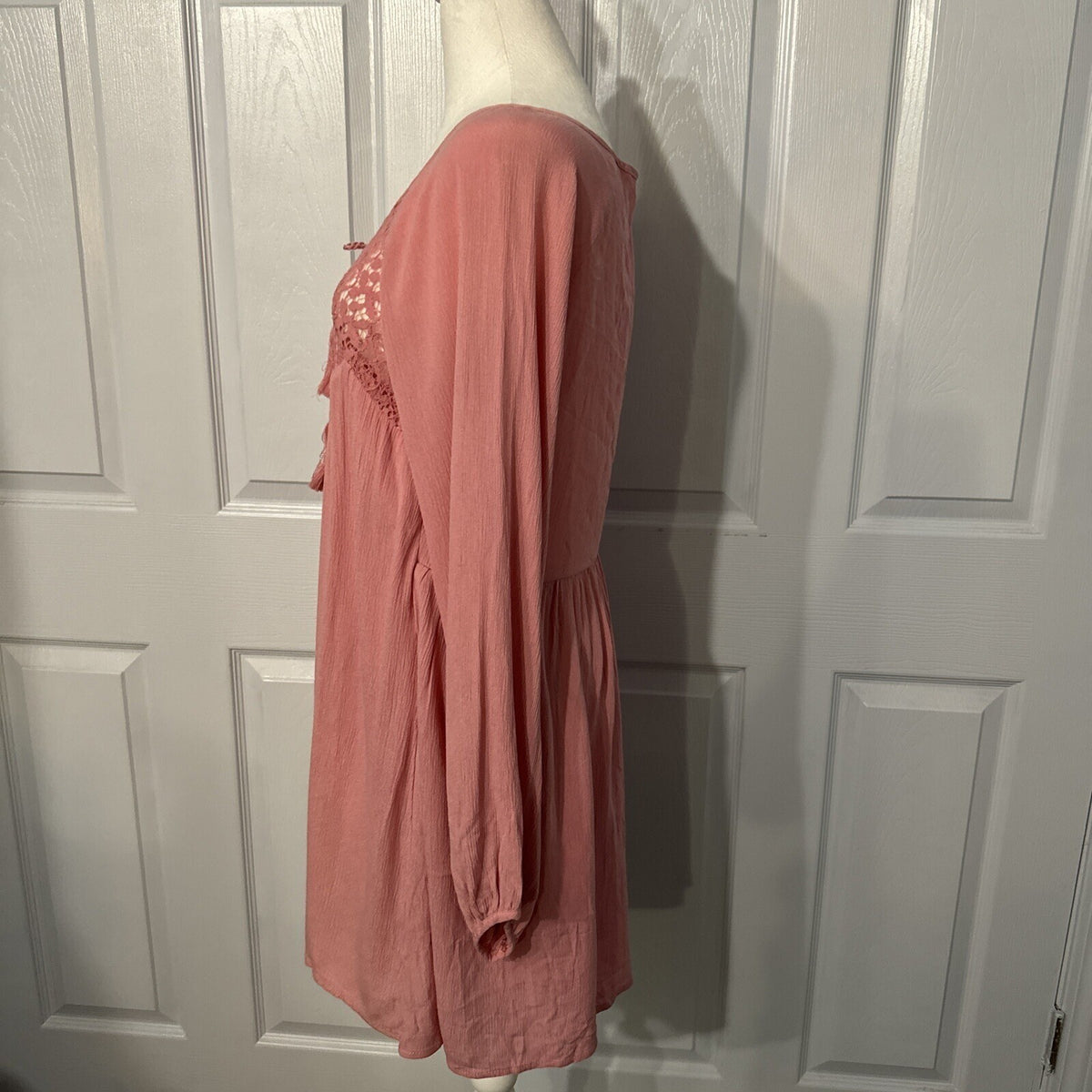 Purple Snow Lace Trim Long Sleeve Tunic Dress Womens Medium Pink Boho Peasant