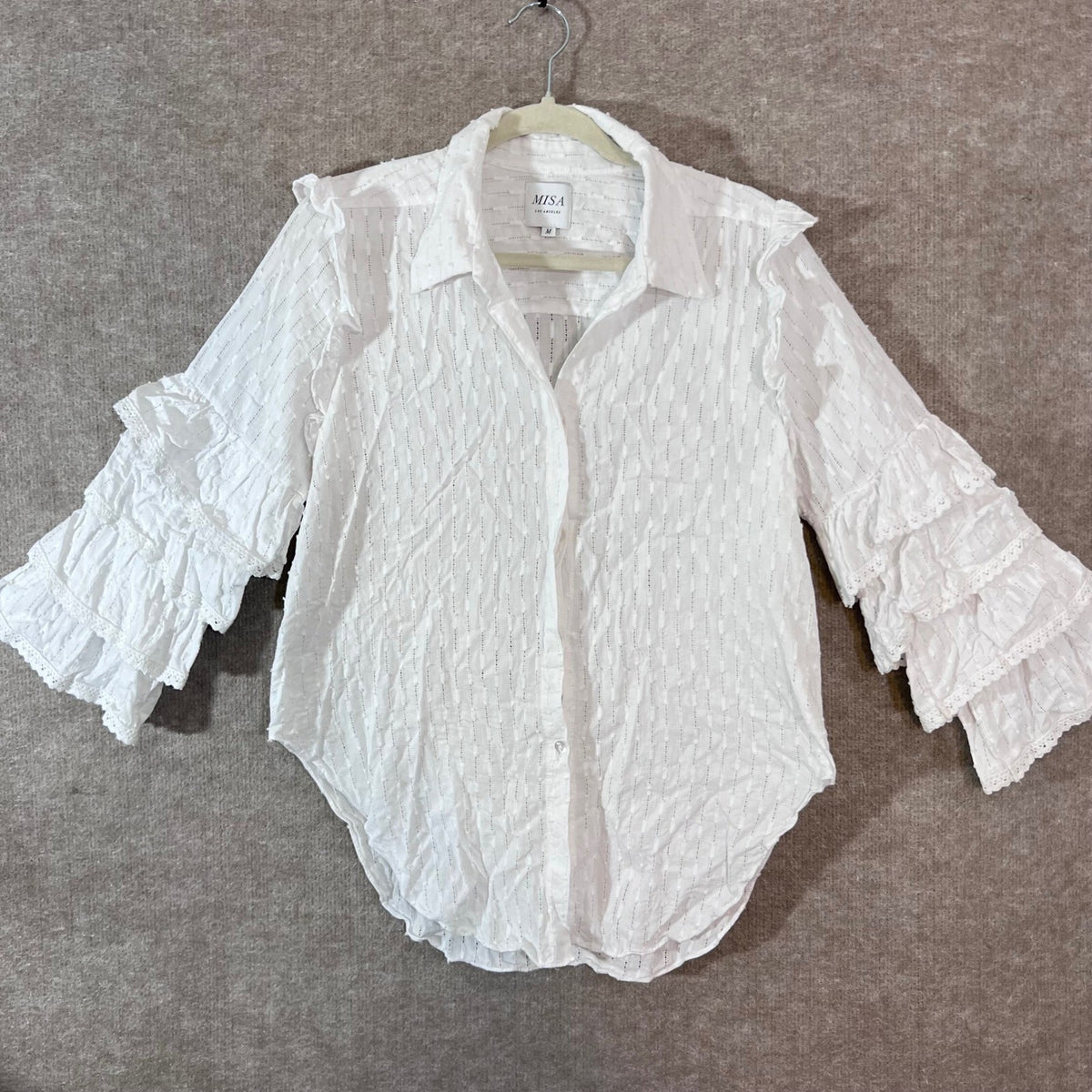 MISA Los Angeles Ruffle Sleeve Button Down Blouse Womens Medium Eyelet Boho