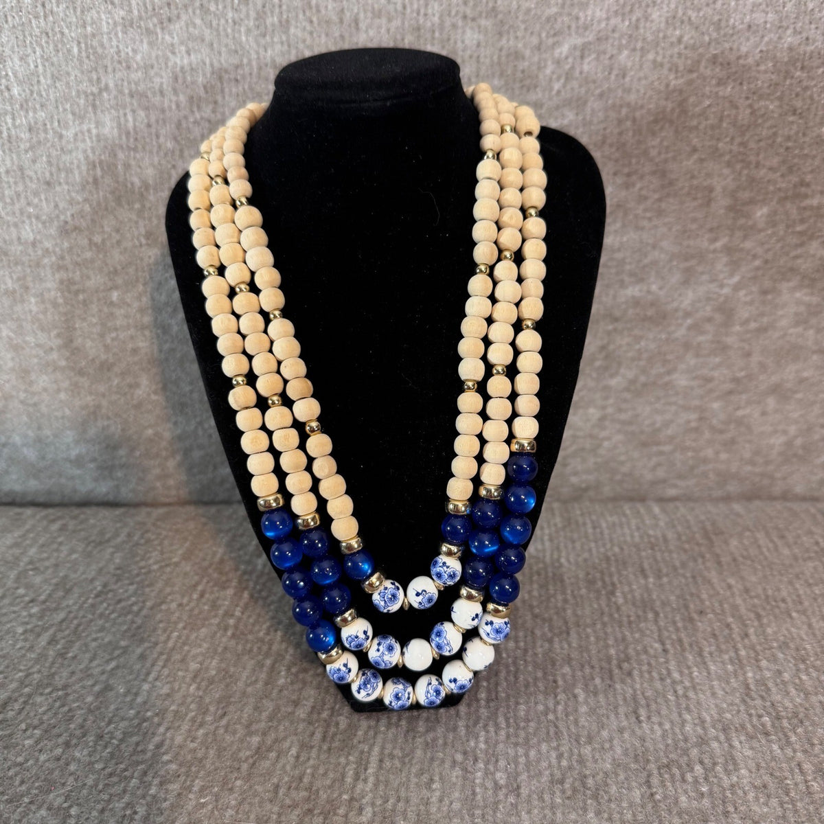 Multi Strand Beaded Necklace Women OS Blue White Wood Ceramic Statement Coastal
